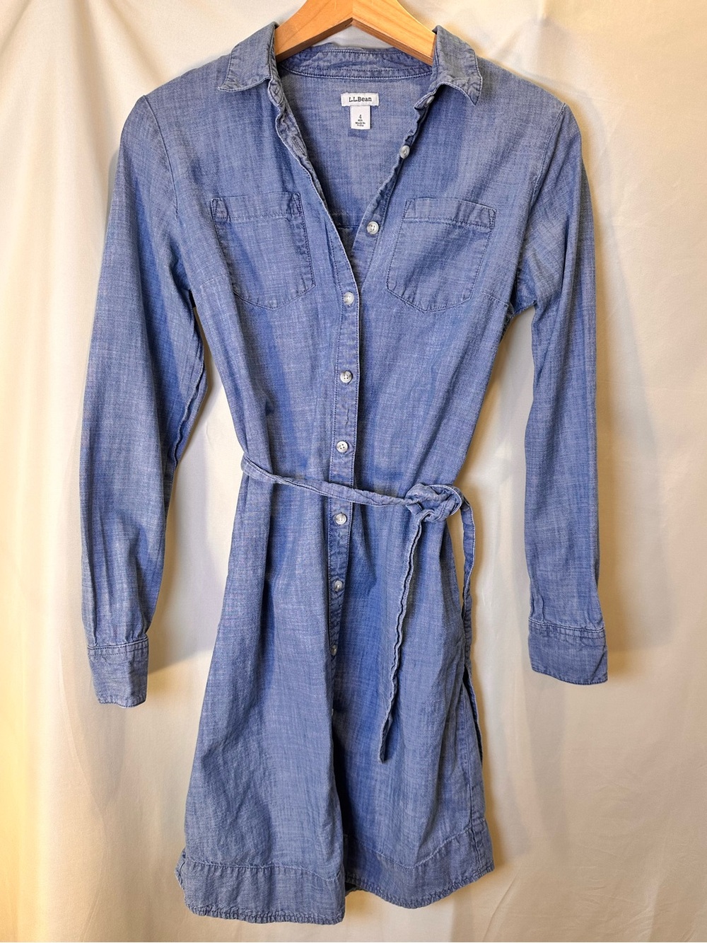 L.L. Bean Light Blue Chambray Button-Front Shirt Dress with Waist Tie size 4